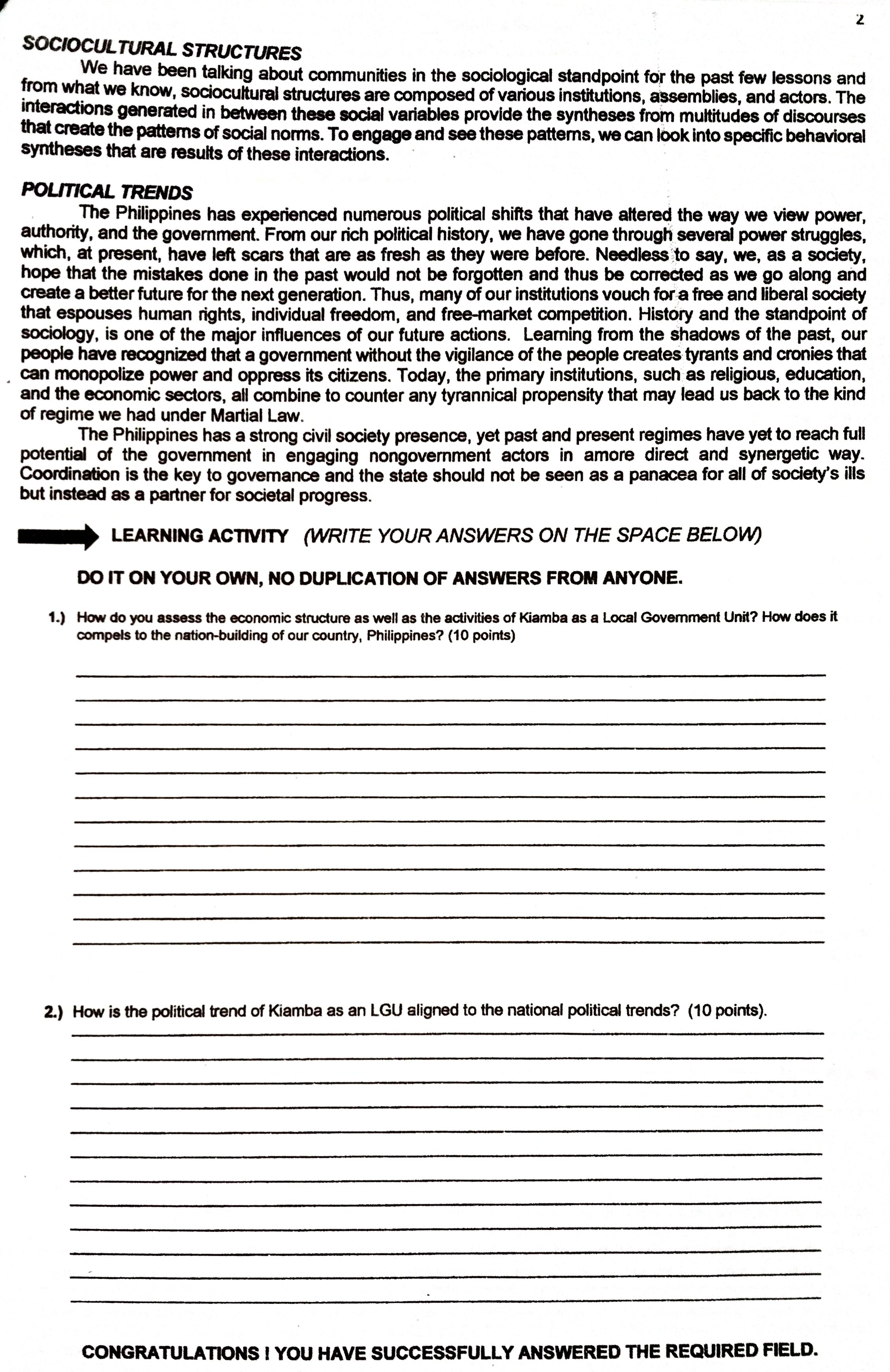 in my Community, Engagement, Solidarity and Citizenship subject. Thank you! Subject: '