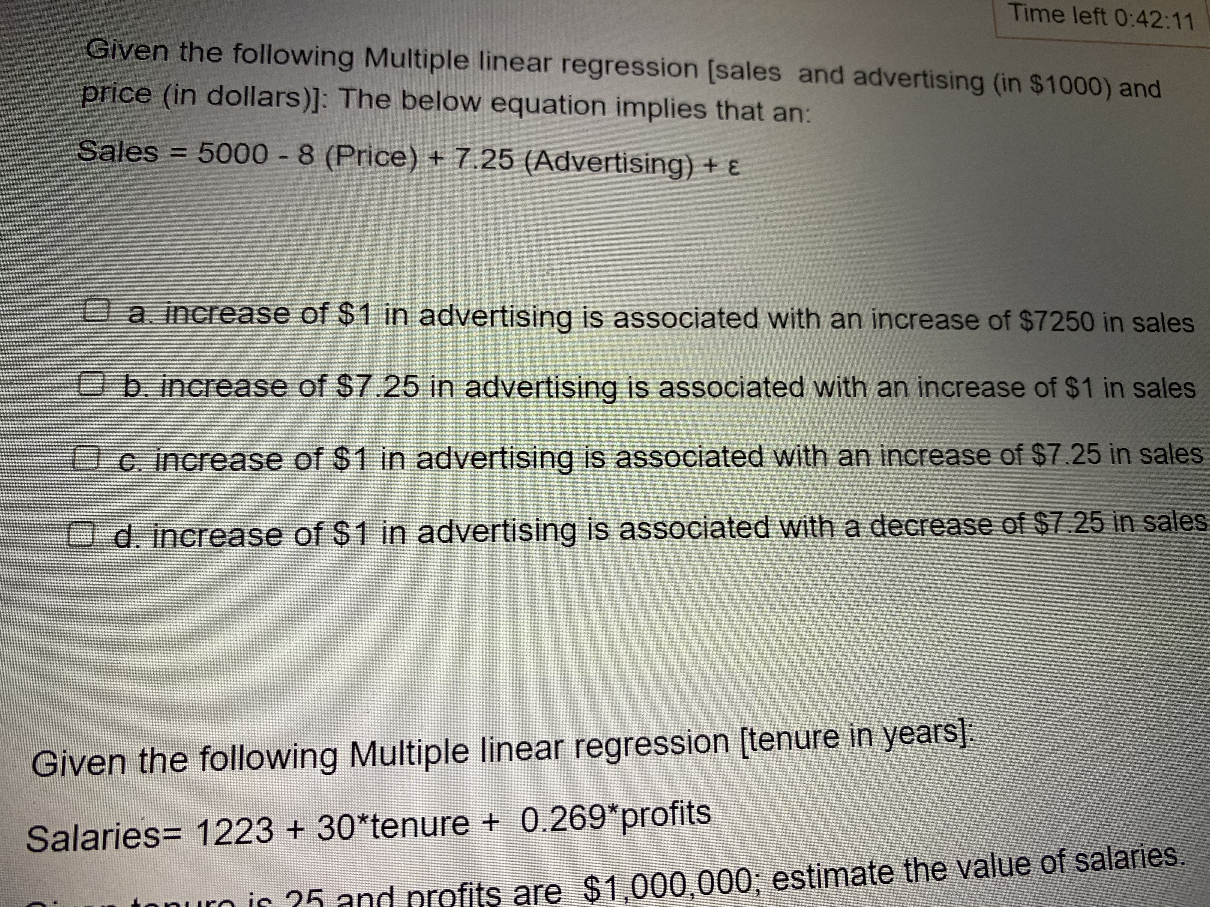  Time left 0:42:11 Given the following Multiple linear regression [sales and