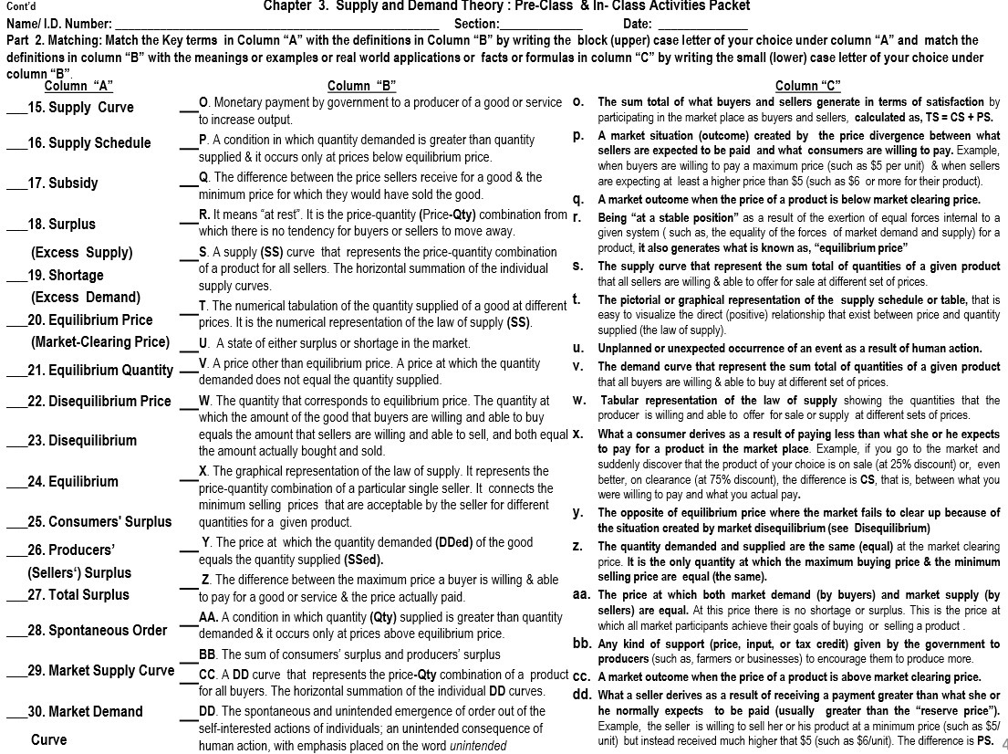 Cont'd Namerl |.D. Number: Chapter 3. Supply and Demand Theory: Fre-Class