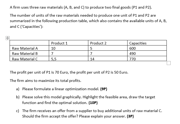  A firm uses three raw materials (A, B, and C) to