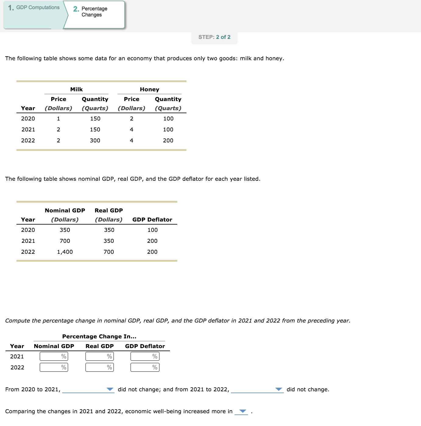 Applications Q5 1. GDP 2. Percentage Computations Changes STEP: 1 of 2