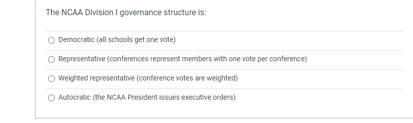  The NCAA Division | governance structure is: O Democratic (all schools