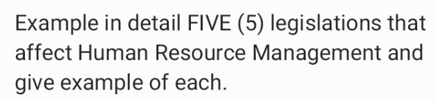 Example in detail FIVE (5) legislations that affect Human Resource Management and