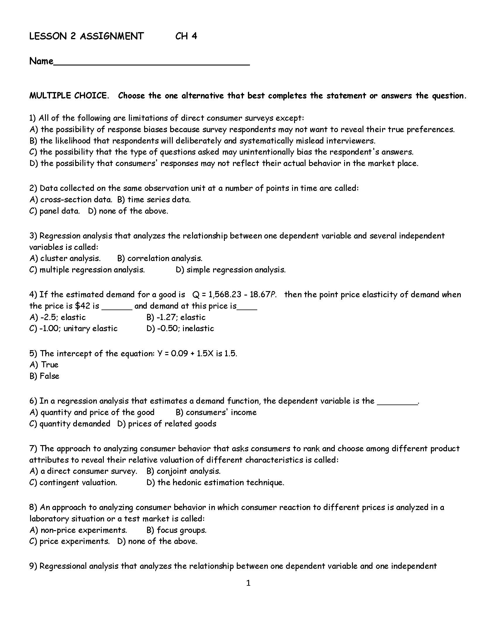 LESSON 2 ASSIGNMENT CH 4 Name MULTIPLE CHOICE. Choose the one