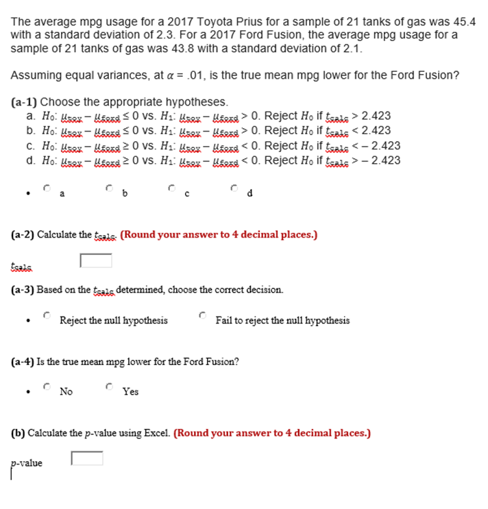 Problem 2 The average mpg usage for a 2017 Toyota Prius for
