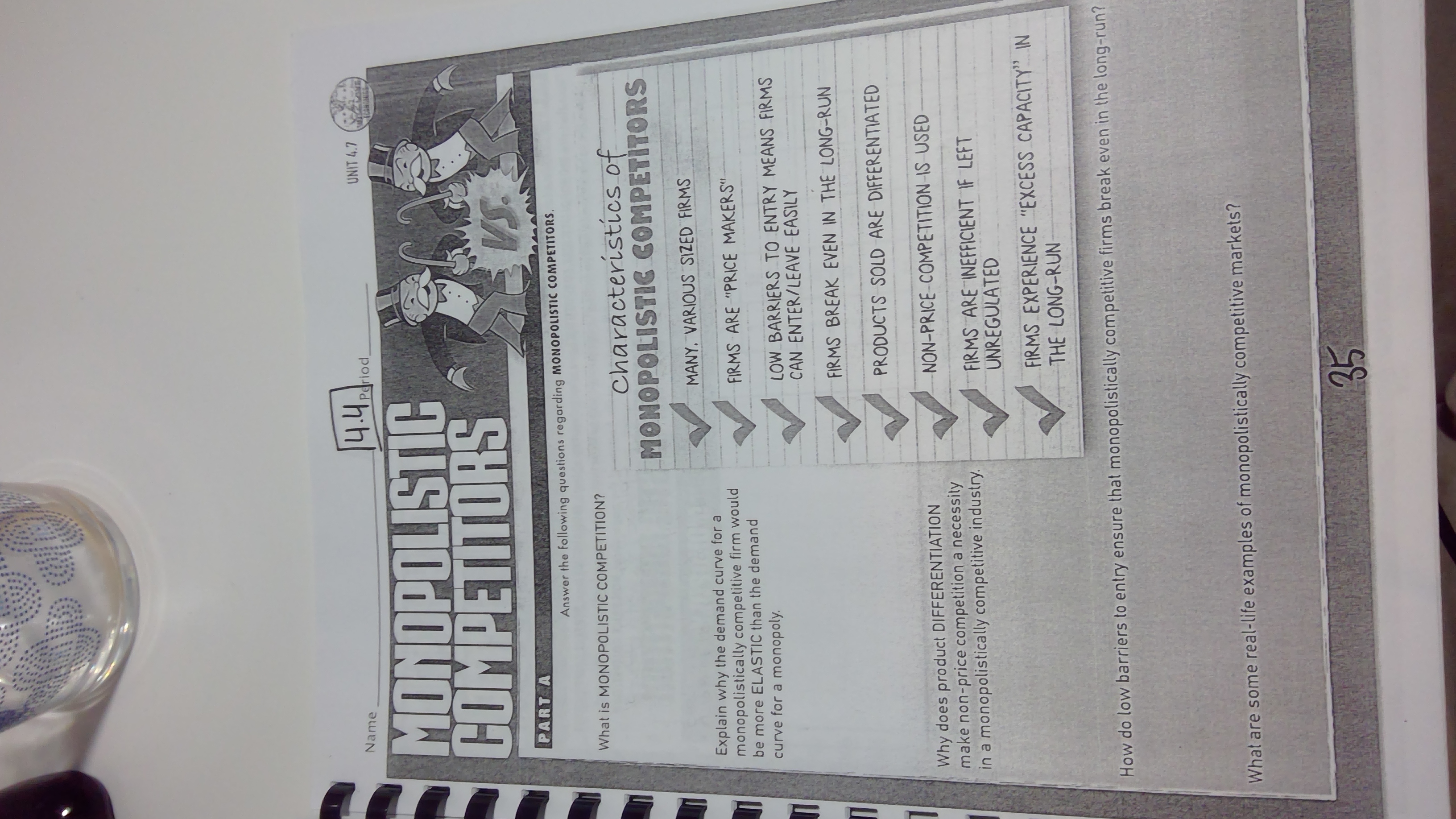  Name 14.4 UNIT 4.7 MONOPOLISTIC COMPETITORS VS. PART A Answer the