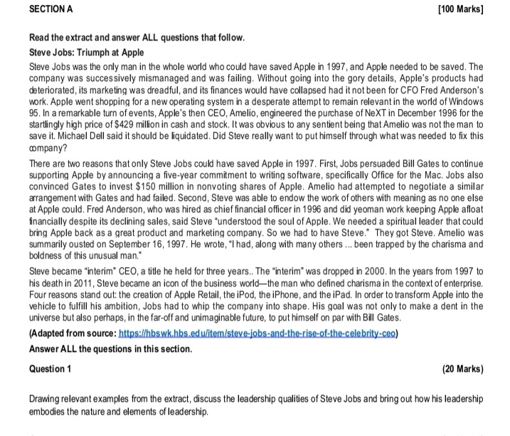 kindly assist SECTION A [100 Marks] Read the extract and answer ALL