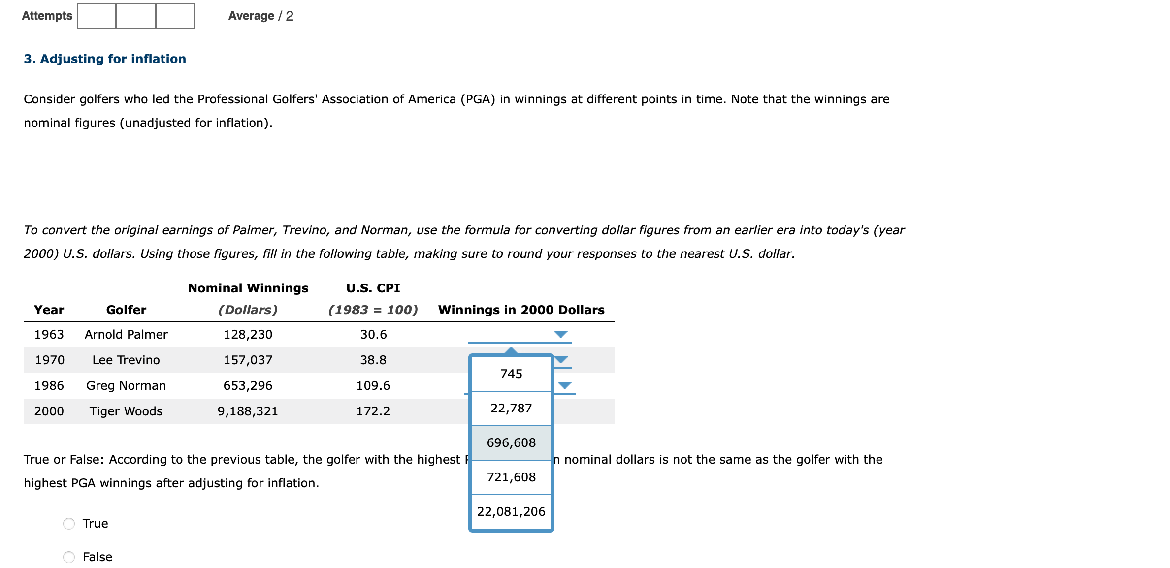 Attempts Average / 2 3. Adjusting for inflation Consider golfers who
