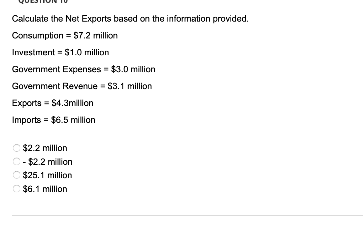 Calculate the Net Exports based on the information provided. Consumption =