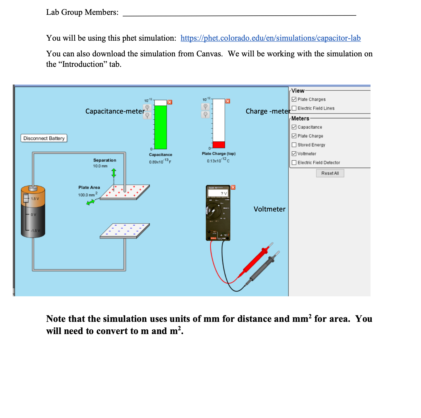 Capacitance (F) |Plate Charge (C) Voltage (V) 0.0100 0.000100 8.90E-14 1.33E-13 1.5