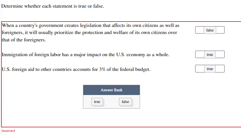  Determine whether each statement is true or false. hen a country's