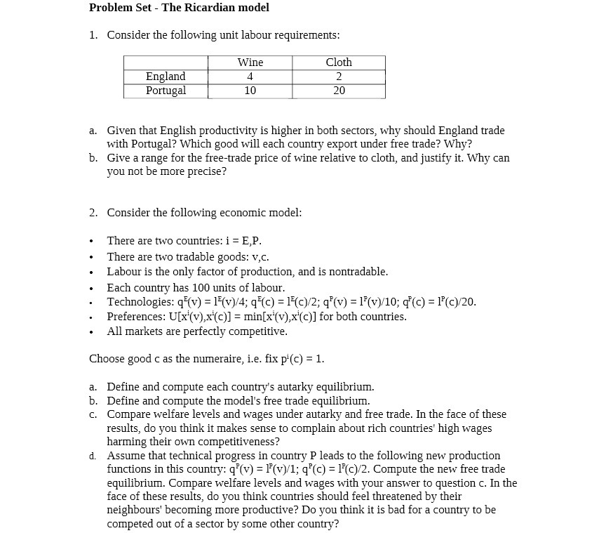 Problem Set - The Ricardian model 1. B. b. Consider the