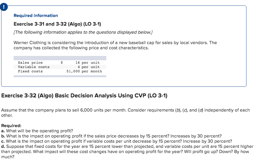 Required information Exercise 3-31 and 3-32 (Algo) (LO 3-1) (The following