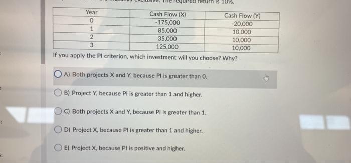  uired return is 10%. Year Cash Flow (X) Cash Flow (Y)