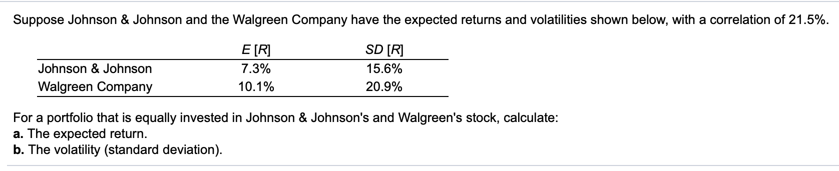  Suppose Johnson & Johnson and the Walgreen Company have the expected