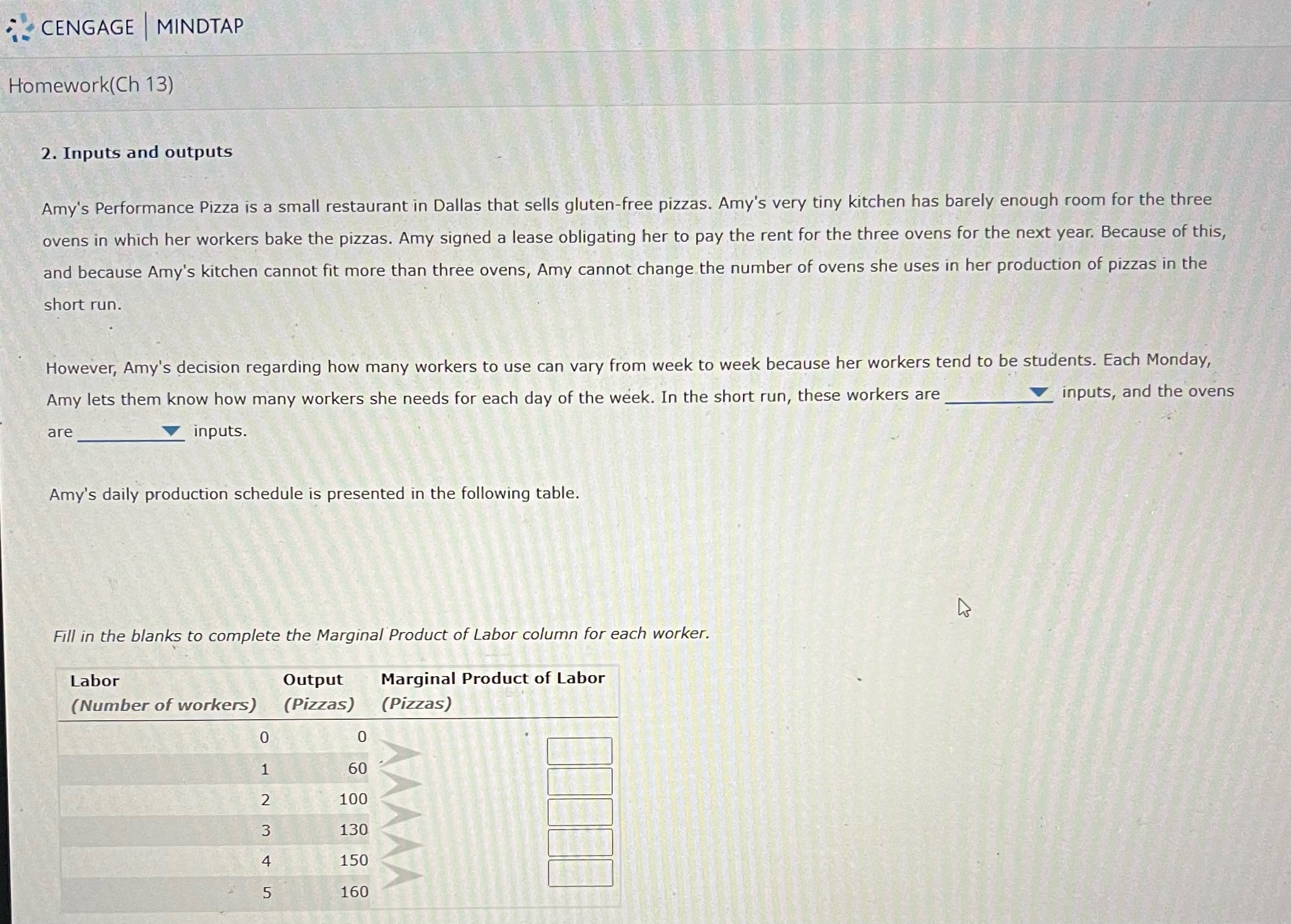  CENGAGE |MINDTAP Homework(Ch 13) 2. Inputs and outputs Amy's Performance Pizza