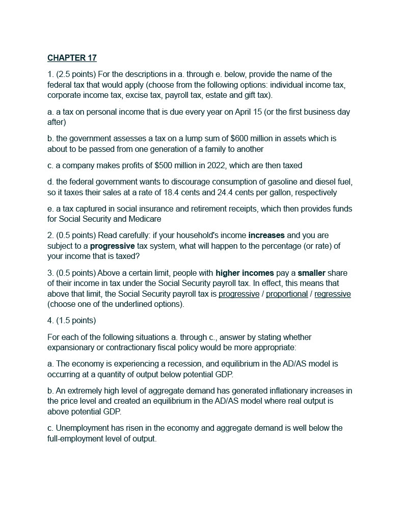  CHAPTER 17 1. (2.5 points) For the descriptions in a. through