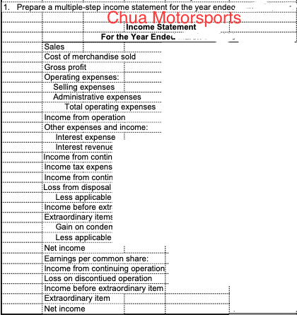 Prepare a multiple step income statement for the year endeo Chua