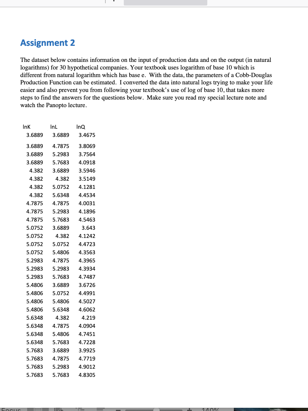  Assignment 2 The dataset below contains information on the input of