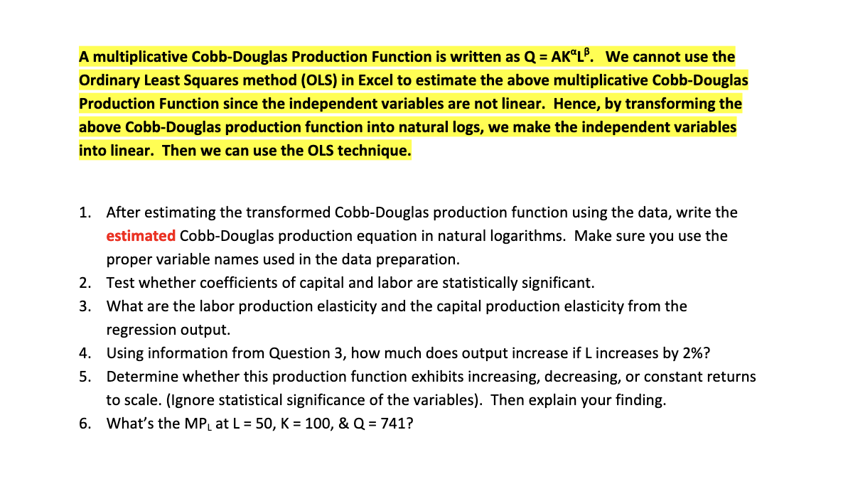 production data and on the output (in natural logarithms) for 30 hypothetical