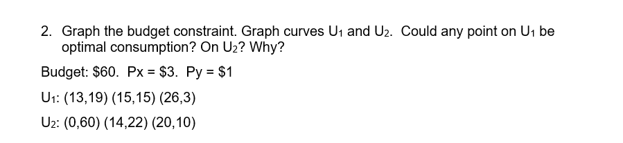 2. Graph the budget constraint. Graph curves U1 and U2. Could