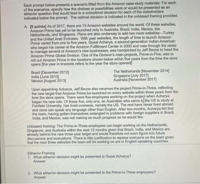 Each prompt below presents a scenario lifted from the Amazon case