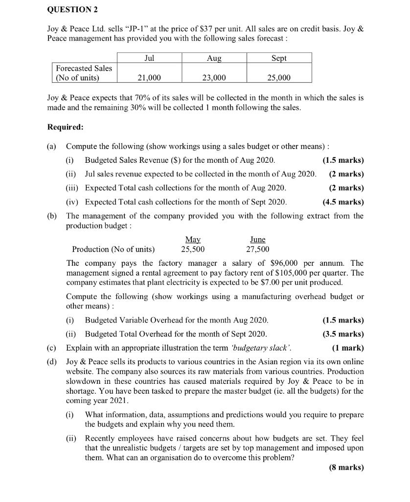 QUESTION 2 Joy & Peace Ltd. sells "JP-1" at the price