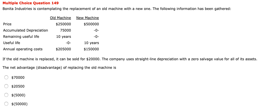 multiple choice question Multiple Choice Question 149 Bonita Industries is contemplating the