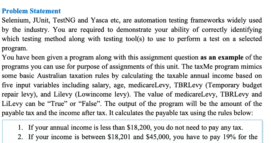 Law problem Problem Statement Selenium, J Unit, TestNG and Yasca etc, are