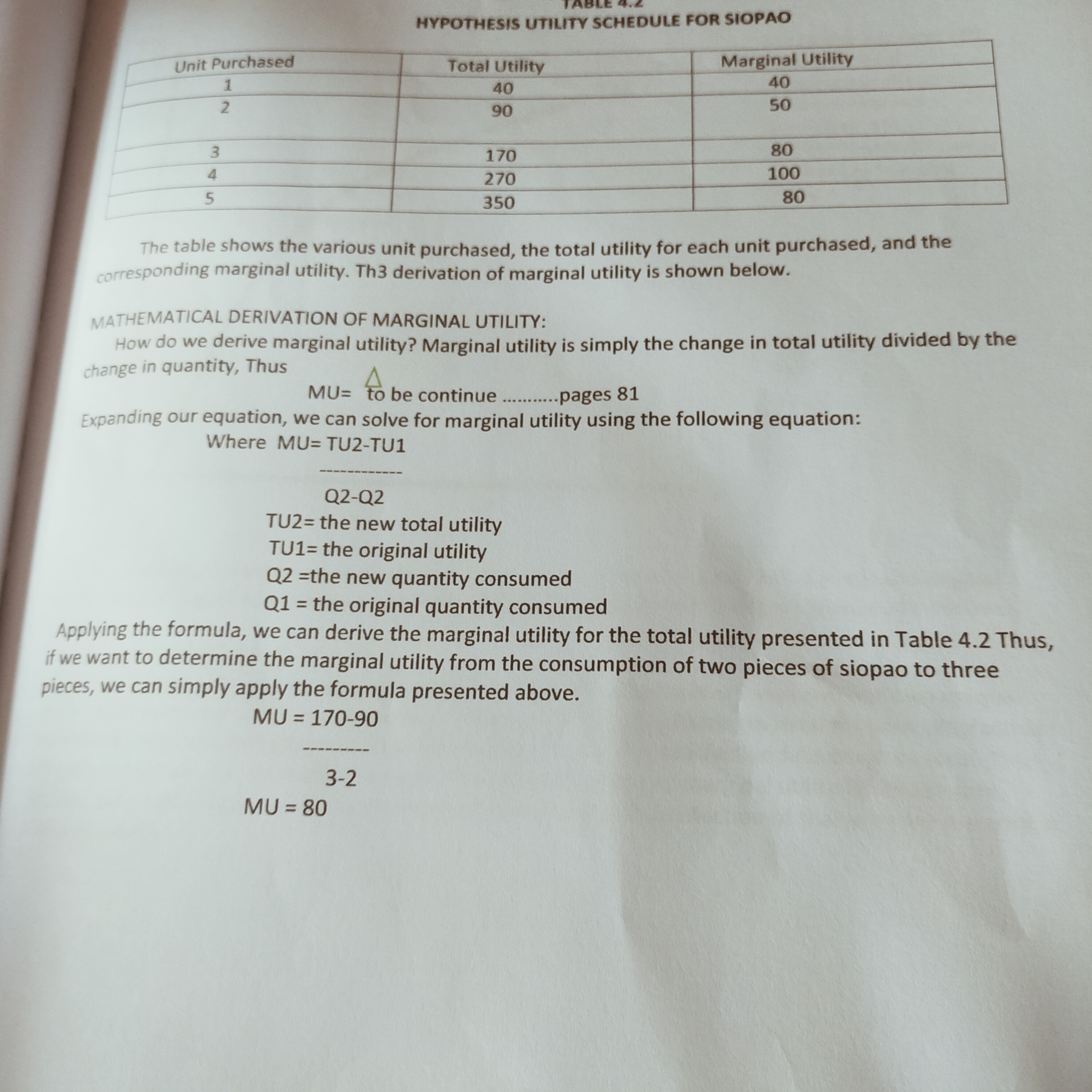 RESOURCES: HYPOTHESIS UTILITY SCHEDULE FOR SIOPAO Unit Purchased Total Utility Marginal Utility