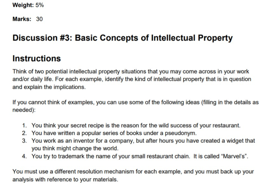  Weight: 5% Marks: 30 Discussion #3: Basic Concepts of Intellectual Property