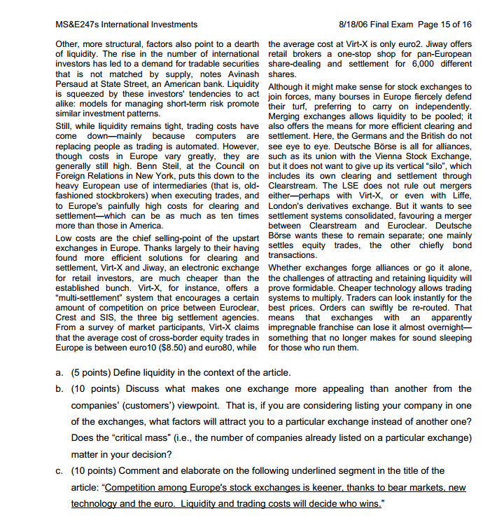following Economist article about stock exchanges in Europe. Then answer the questions