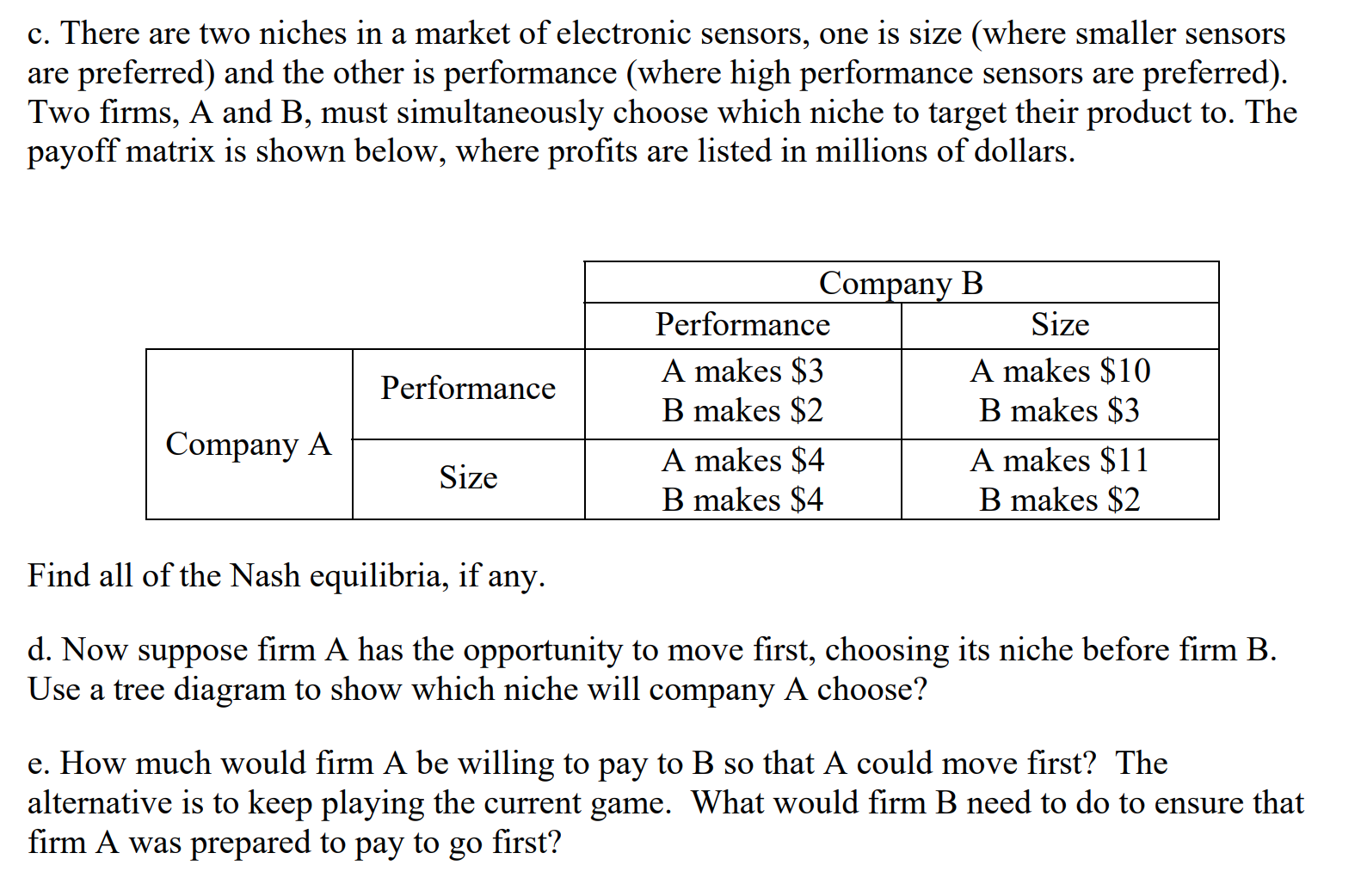 Please answer question e c. There are two niches in a market
