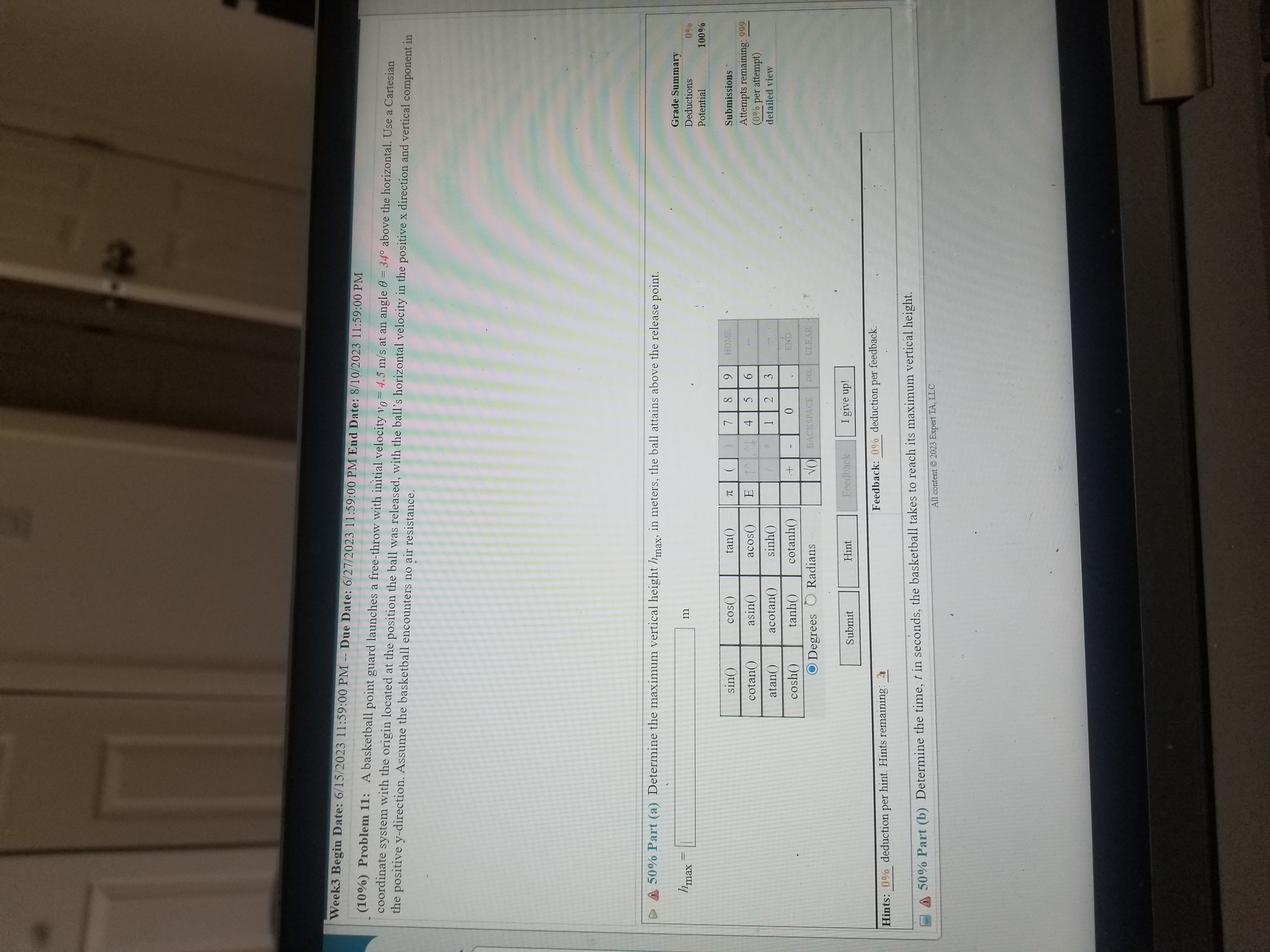 at an angle 0 - 43 above the horizontal. The vertical component