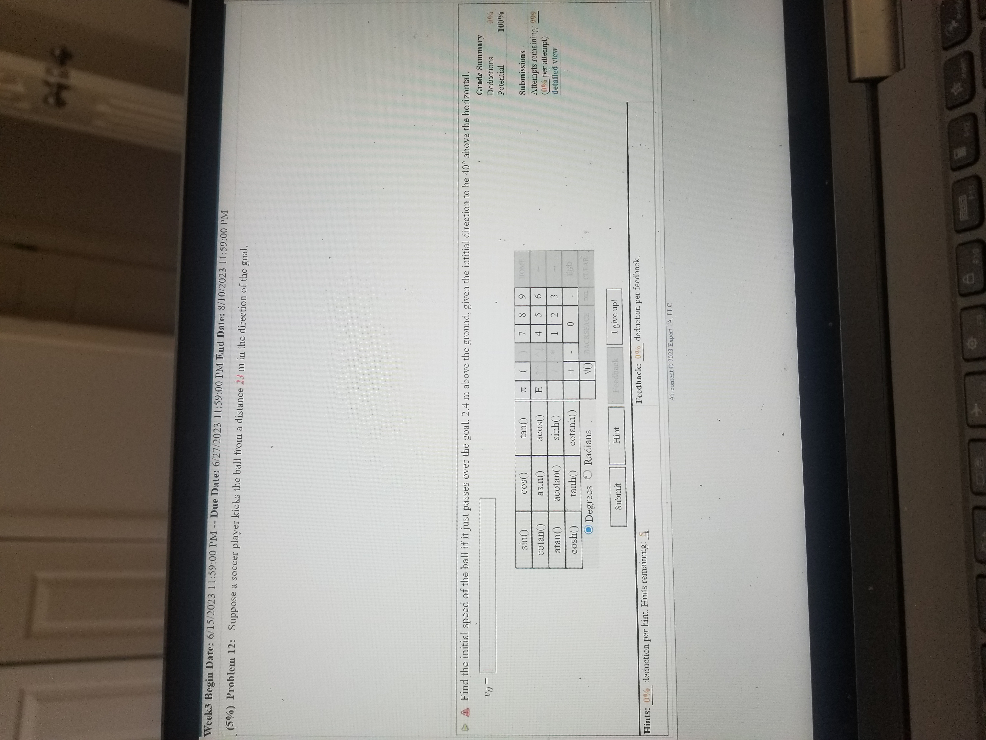 of the initial velocity is vo,y = 11.75 m/s. Use a Cartesian