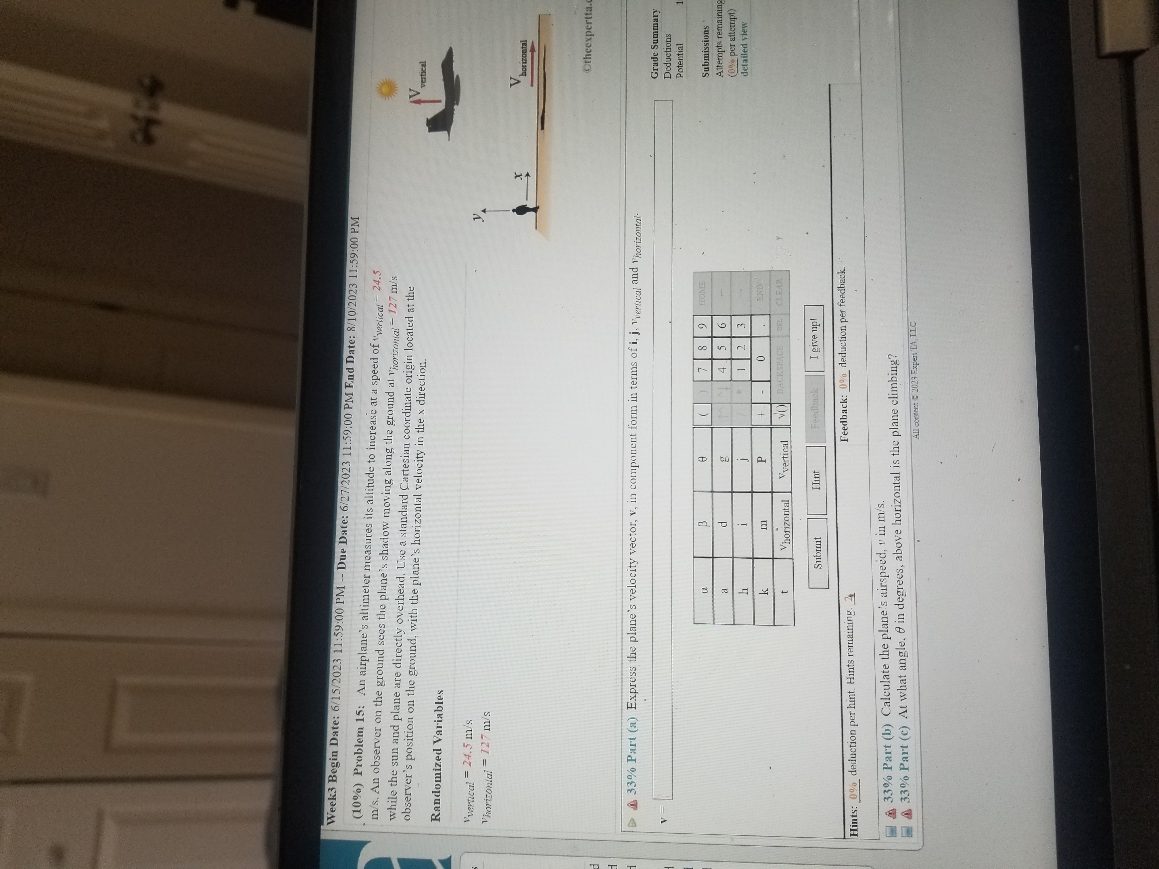 Part (a) Create an expression for the ball's initial horizontal velocity component,