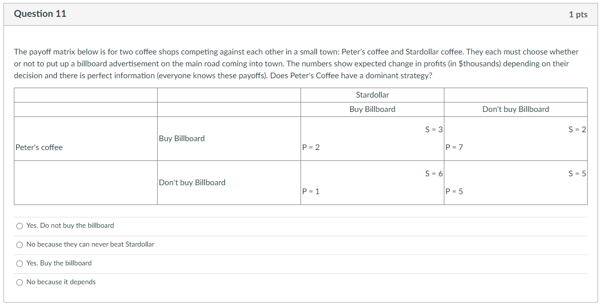 The payoff matrix below is for two coffee shops competing against each