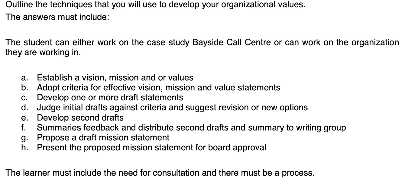  Outline the techniques that you will use to develop your organizational