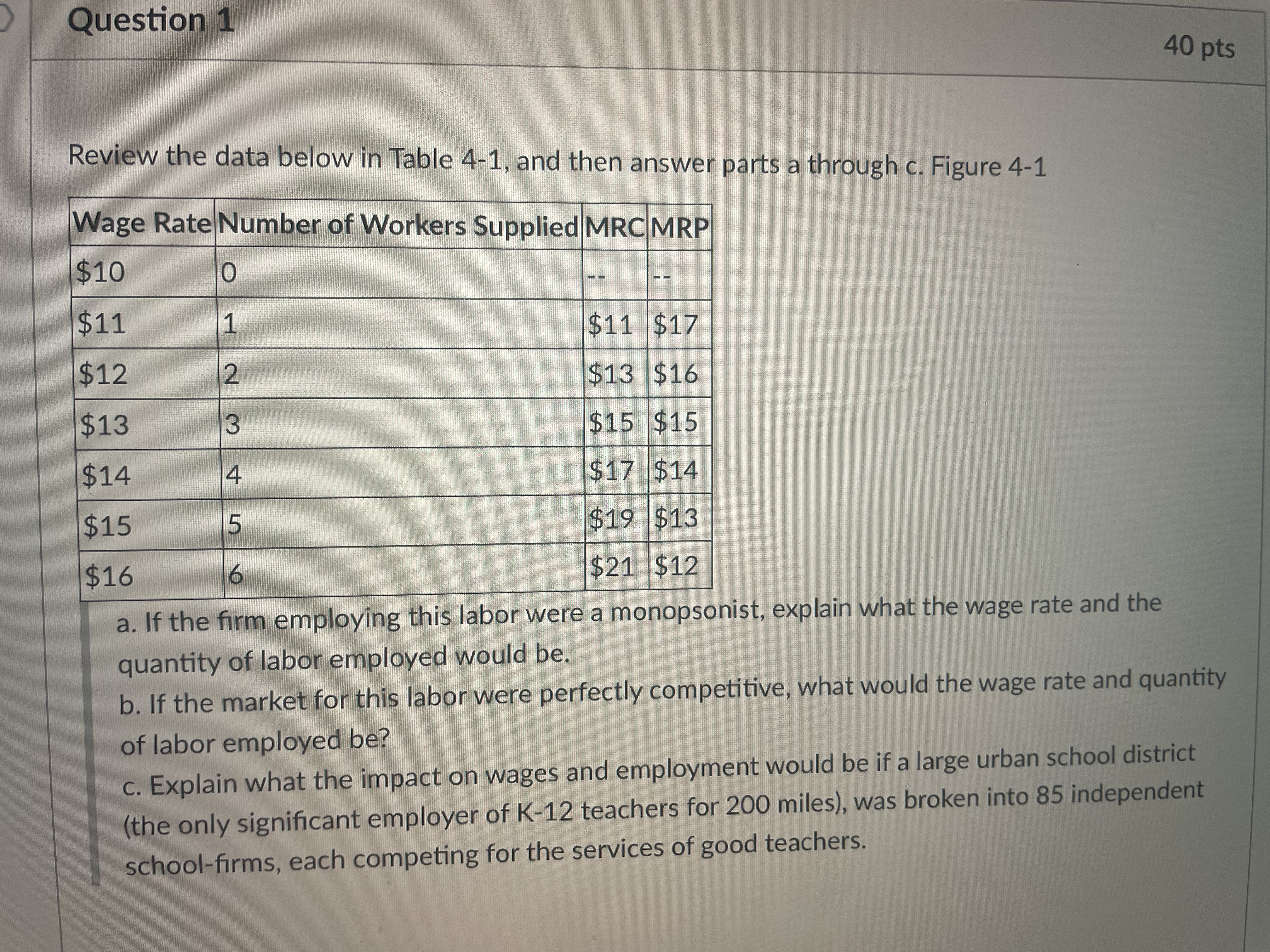  Question 1 40 pts Review the data below in Table 4-1,
