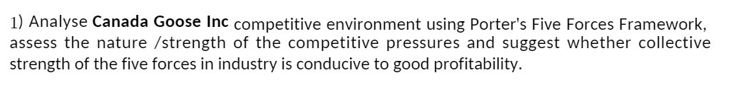 1) Analyse Canada Goose Inc competitive environment using Porter's Five Forces
