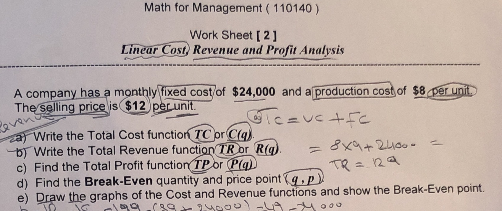 math Math for Management ( 110140 ) Work Sheet [ 2 ]