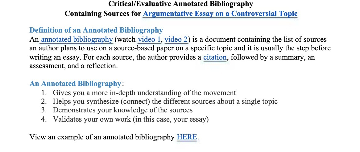 Critical/Evaluationnotated Bibliography Containing Sources for Argumentative Essay on a Controversial Topic
