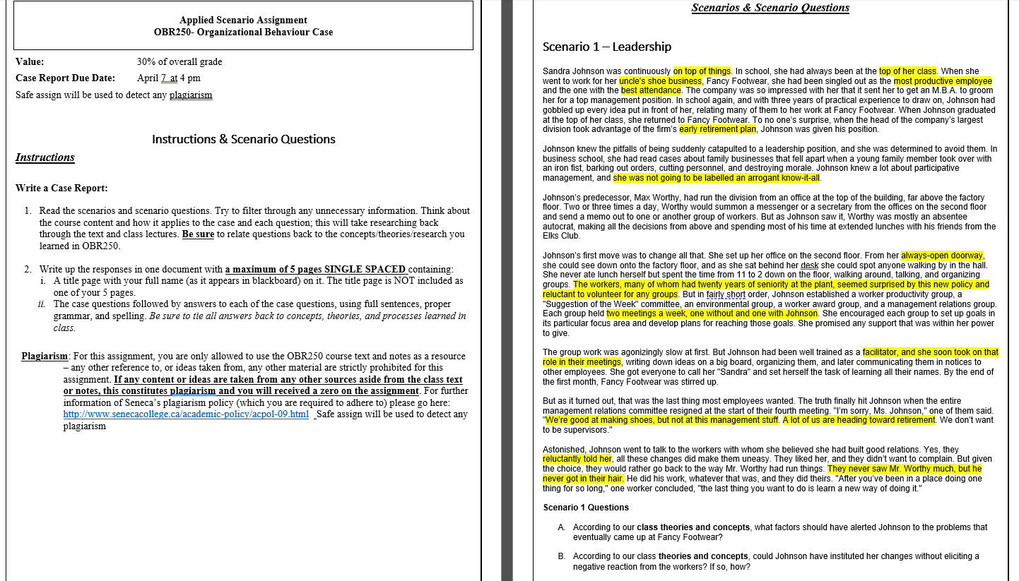 hellocan you help with theis assignement Applied Scenario Assignment OBR250- Organizational Behaviour