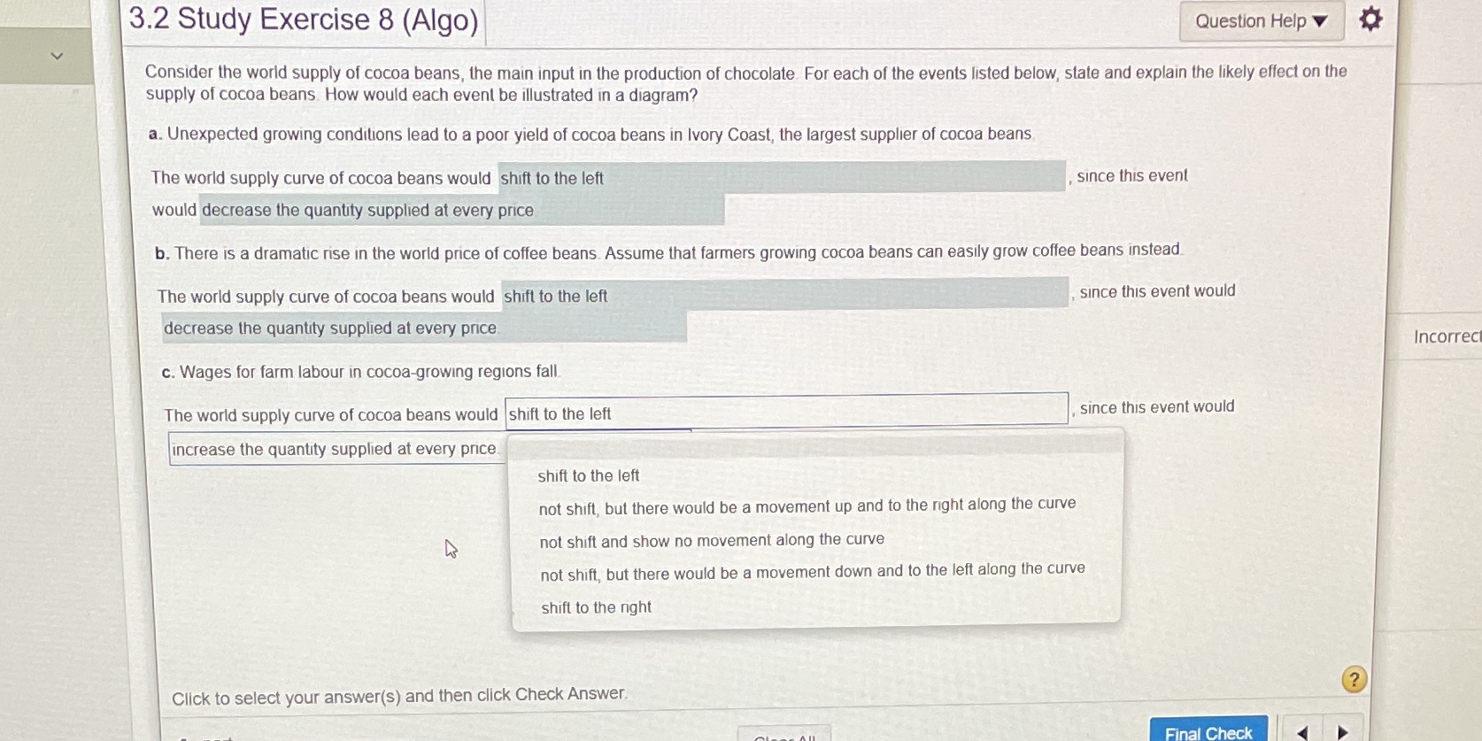 Answer the c part.Options for the second drop down in the c