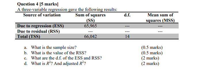 question four Question 4 [5 marks] A three-variable regression gave the following