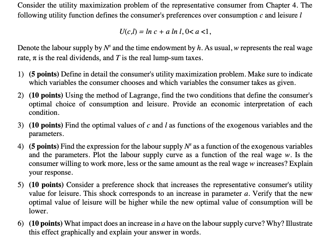  Consider the utility maximization problem of the representative consumer from Chapter