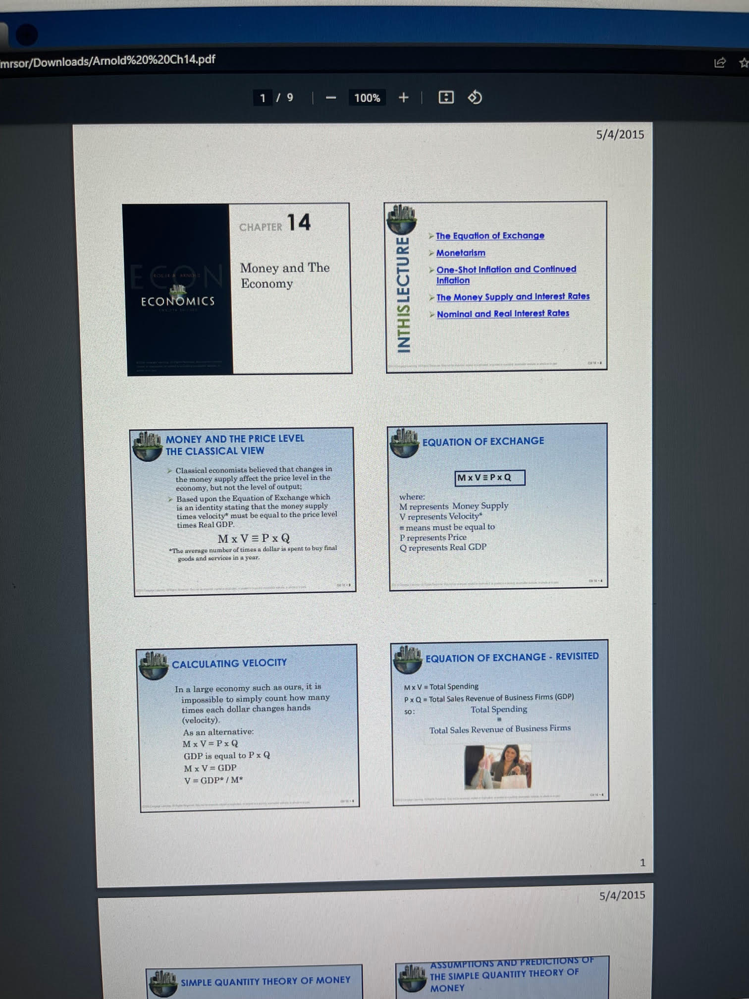 Chapter 14 Money and The Economy: Pre-Class & In-Class Activities Packet Name/I.D.