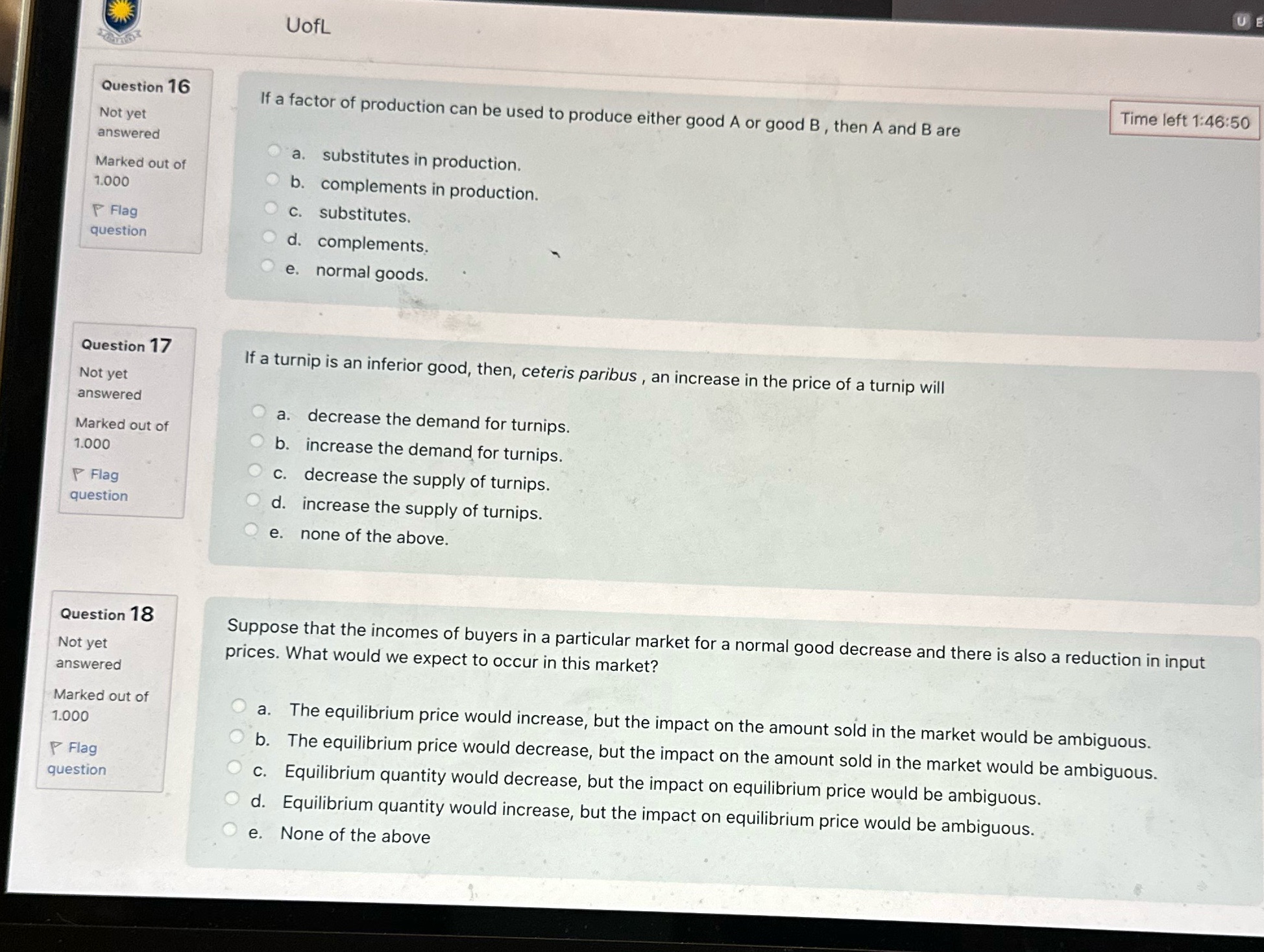 answer the question, need answer only U UofL Question 16 Time left