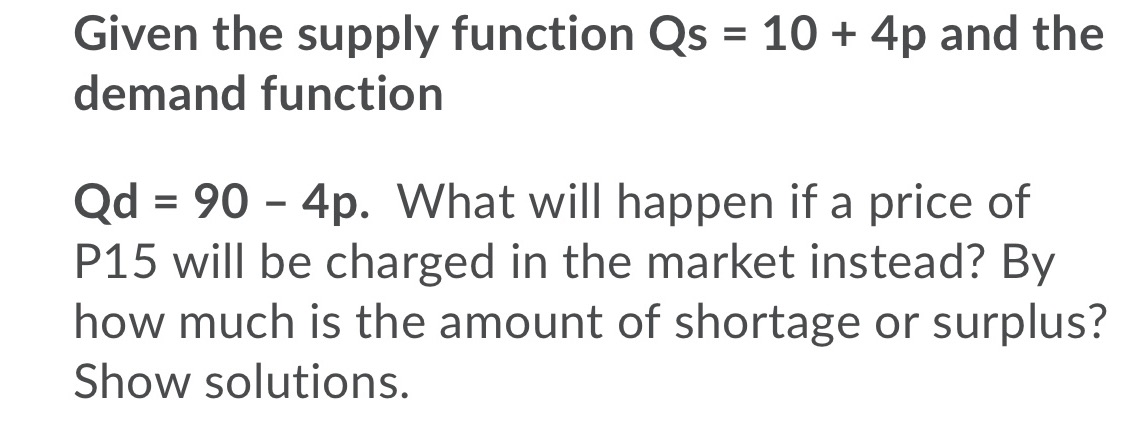 Given the supply function Qs = 10 + 4p and the
