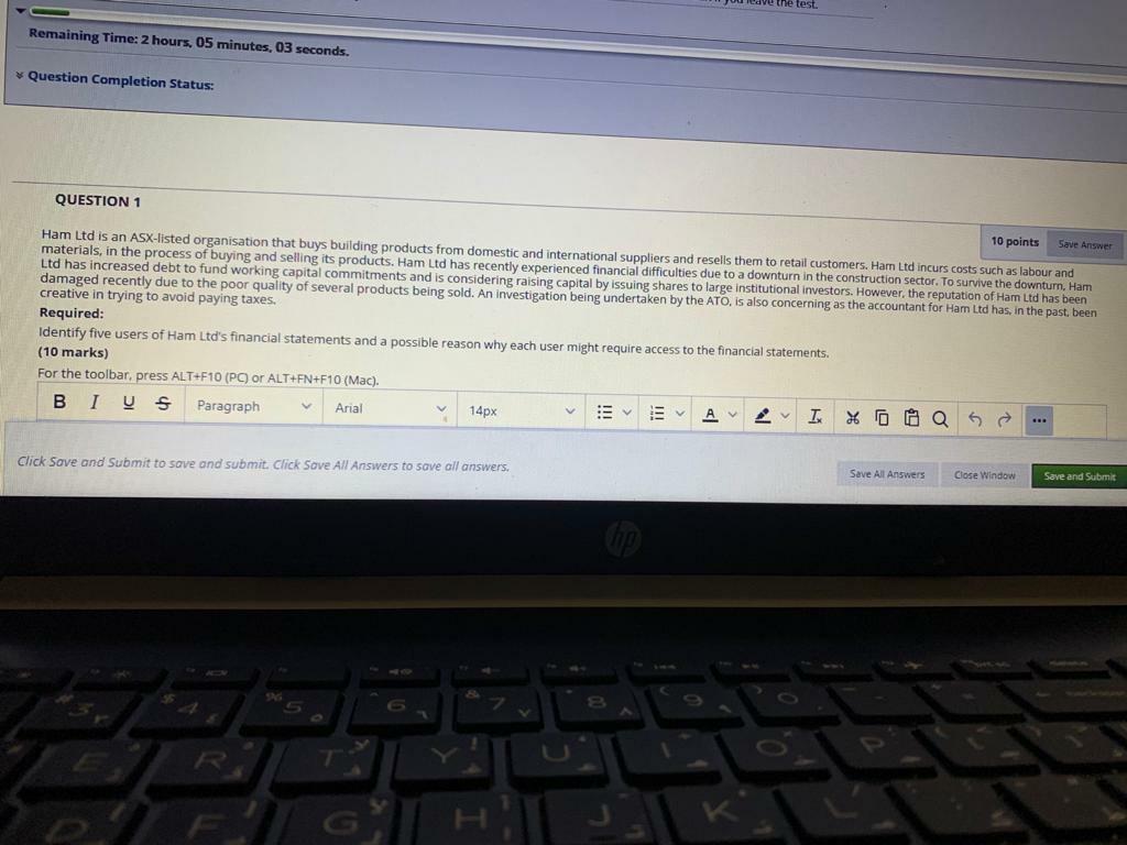 the test. Remaining Time: 2 hours, 05 minutes, 03 seconds. Question